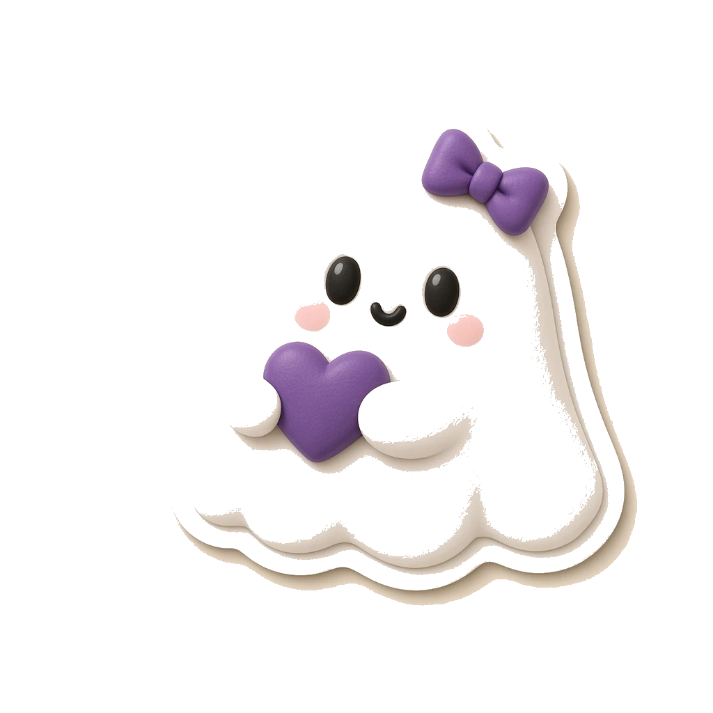 Ghost with a purple bow holding a heart
